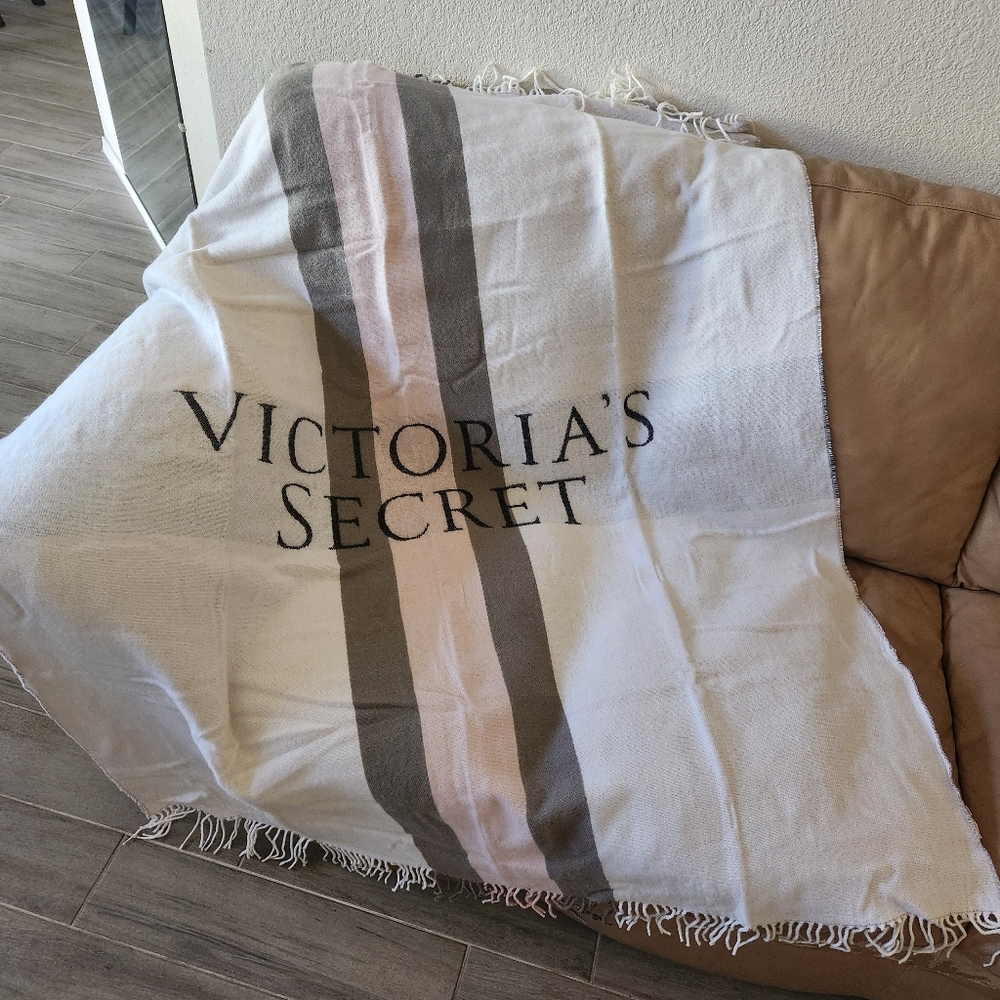 Victoria's Secret VS Throw Blanket White Pink Grey Logo Fringe Striped Cozy